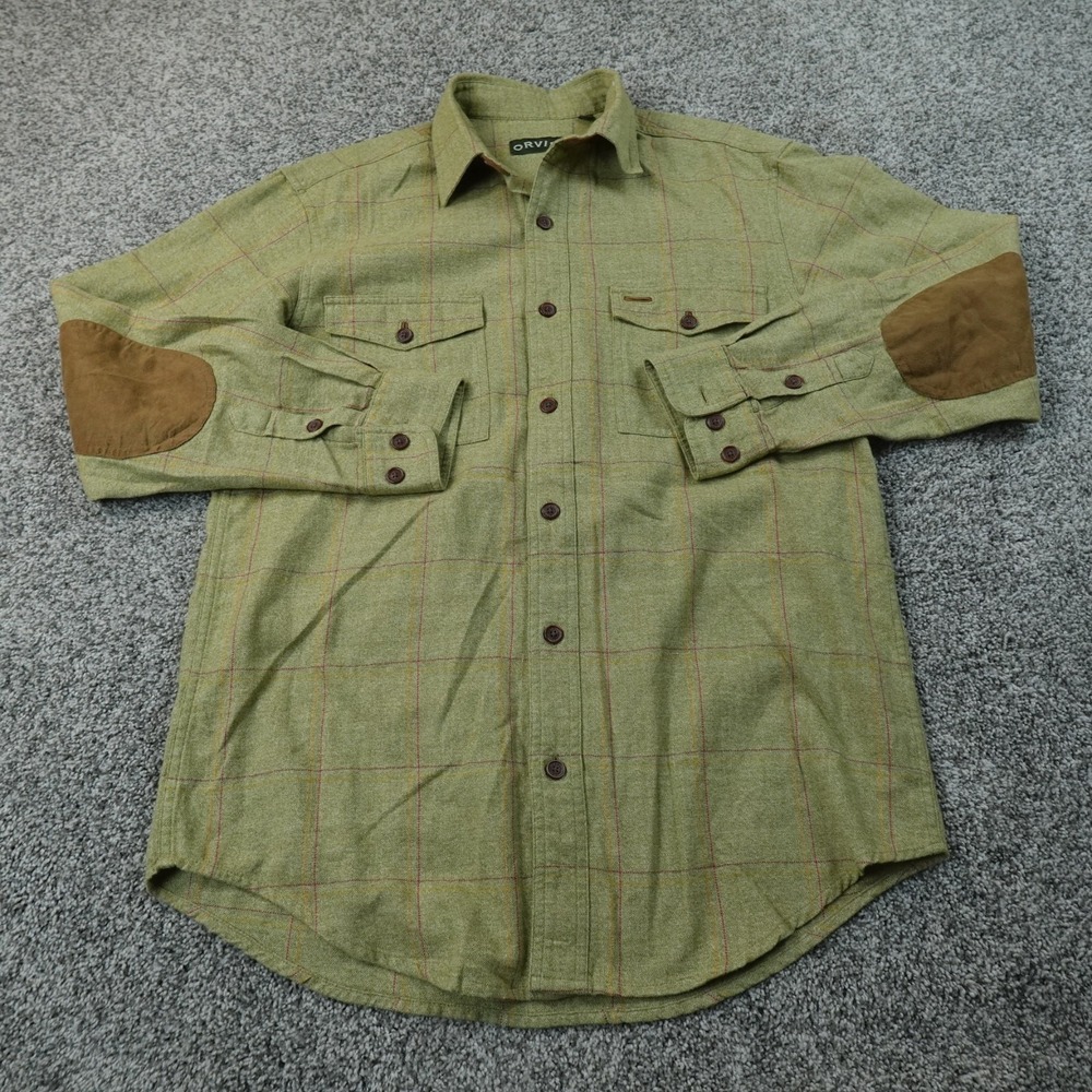 Orvis Shirt Mens M Green Plaid Flannel Button Up Suede Elbow Patches Outdoor Top